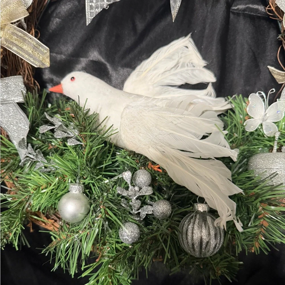 Festive Wreath with White Dove and Silver Accents